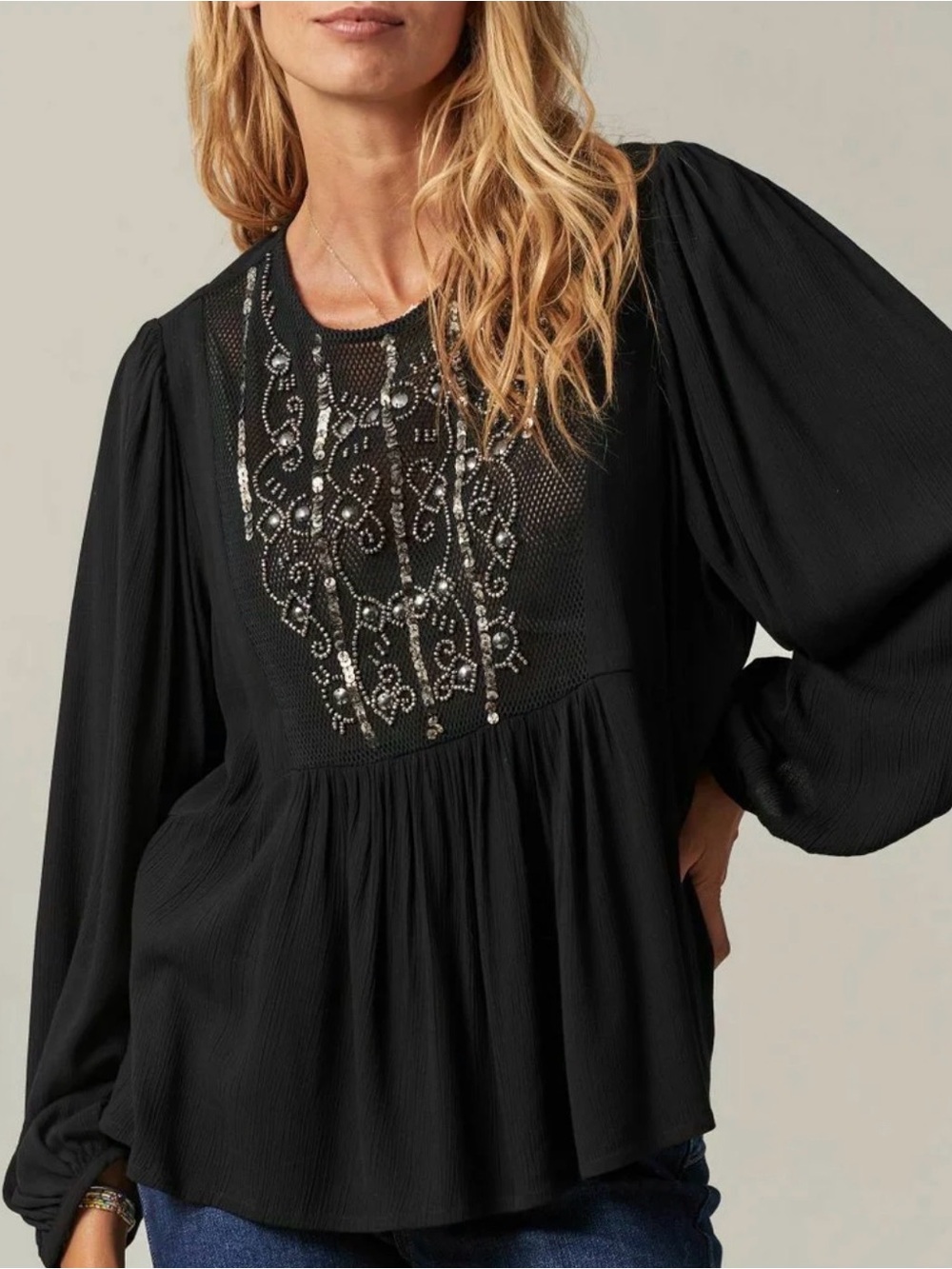 ZARA Black Beaded Sequin Embroidered Batwing Blouse NWT S